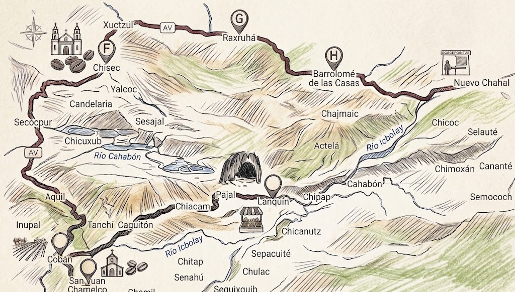 Illustrierte Reisekarte von Alta Verapaz und Baja Verapaz, Guatemala